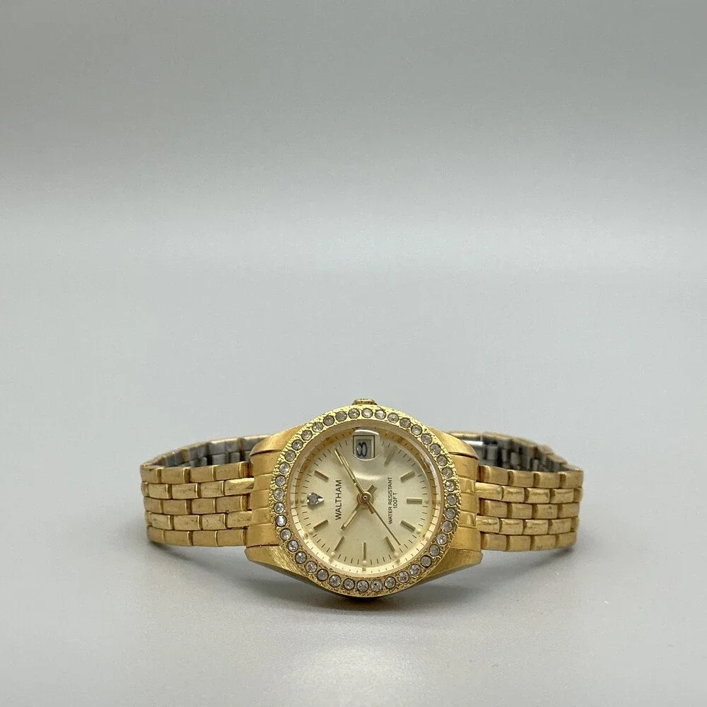 Waltham Womens Watch 24mm Gold Tone Bracelet Crystal Bezel Date New Battery 7.5